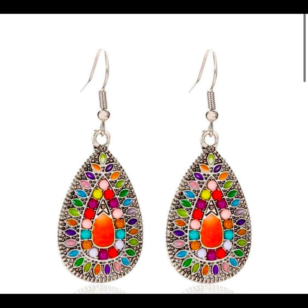 Boho Beaded Bright Colorful Oval Dangle Earrings